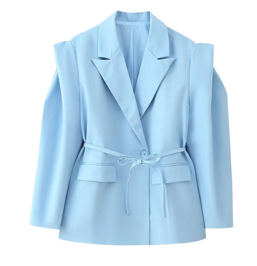 Women's Fashion Padded Shoulder Suit Jacket with Tie-Waist