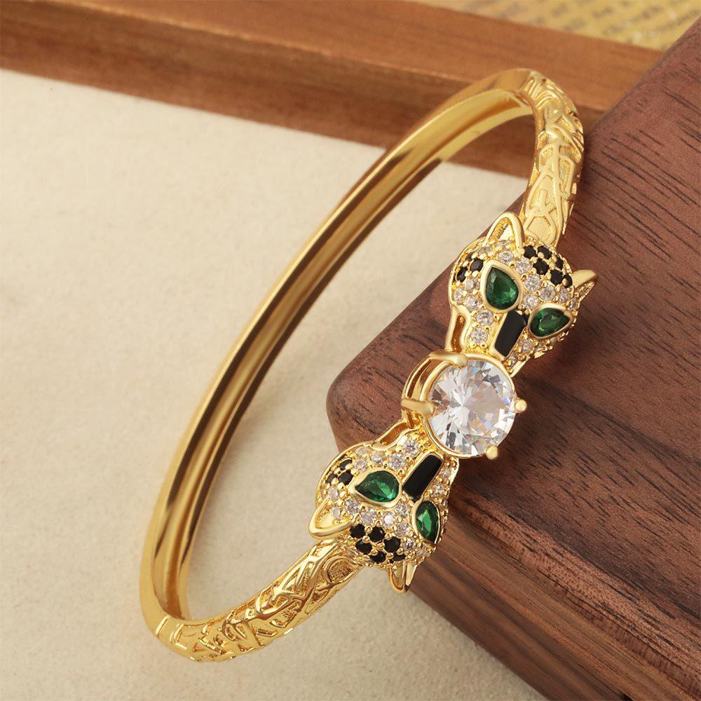 Simple Hip-hop Copper Micro-paved Zircon Double-headed Cheetah Bracelet with Exaggerated Punk Style One Size(18CM~21CM)