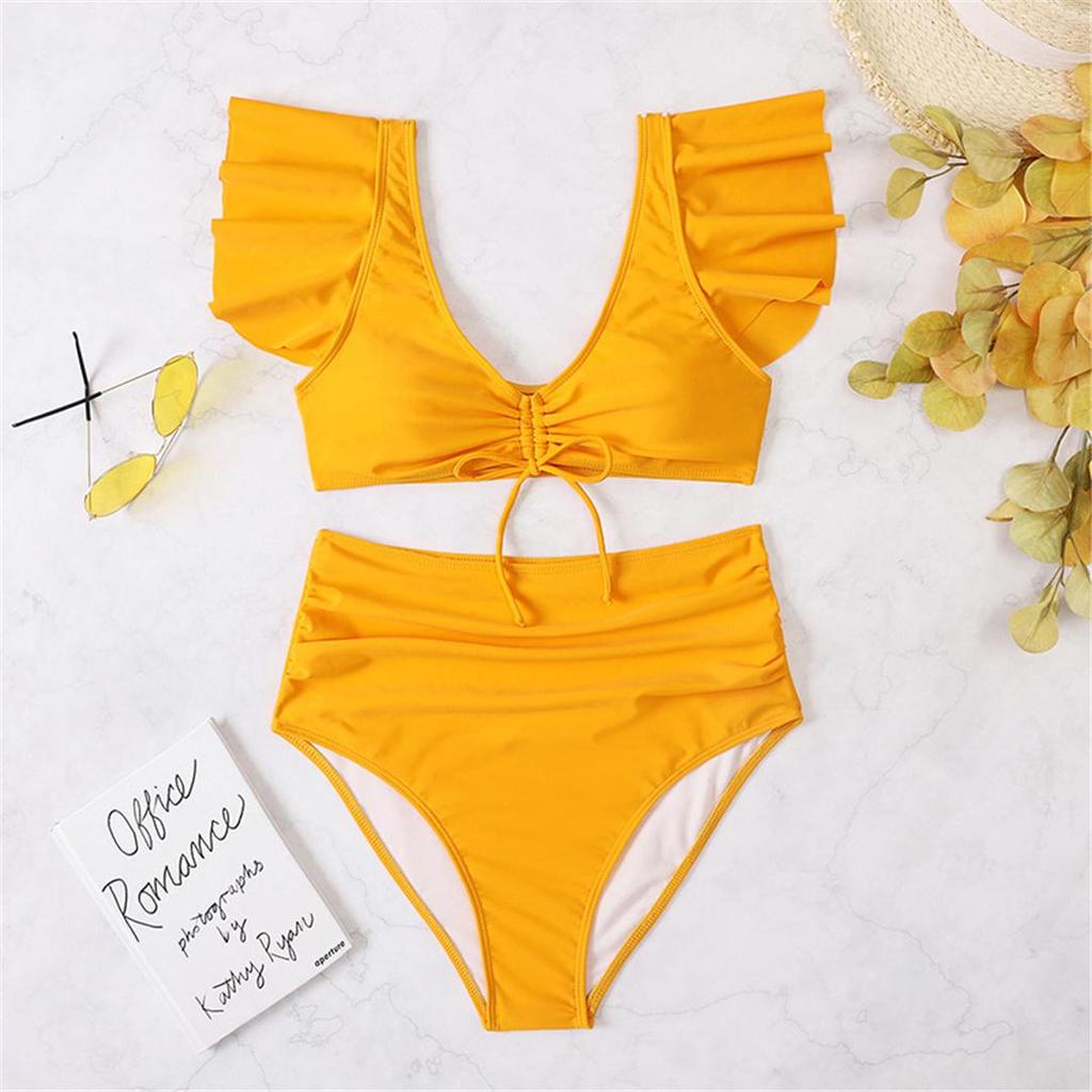 S- XL Sexy Lace Up Ruffled High Waist Bikini Female Swimsuit Women Swimwear Two-pieces Bikini Set Bather Bathing Suit Swim