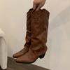 Autumn Winter Women Knee-High Boots Fashion Rivet Western Knight Booties Pointed Toe Square Heels Female Shoes