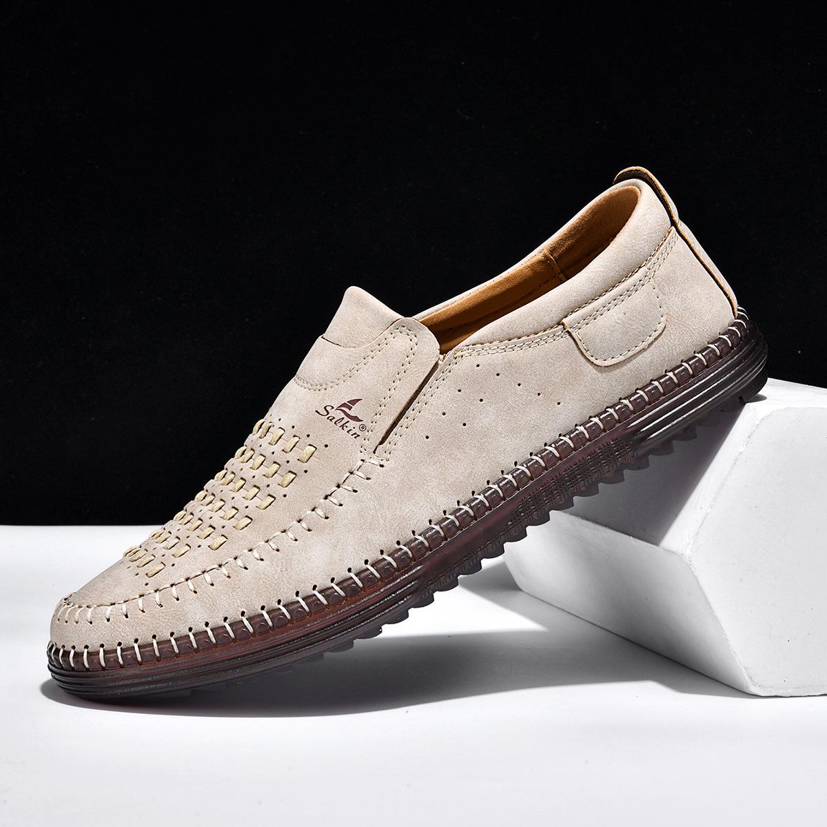 Men s Spring Summer Casual Leather Slip-on Loafers: Hollow, Large Size, Hand-stitched 46