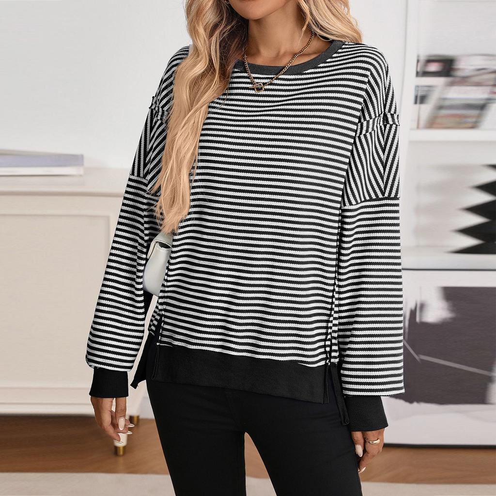 Women's Long-sleeved Round-neck Striped Round-neck Versatile Casual Loose Sweatshirt