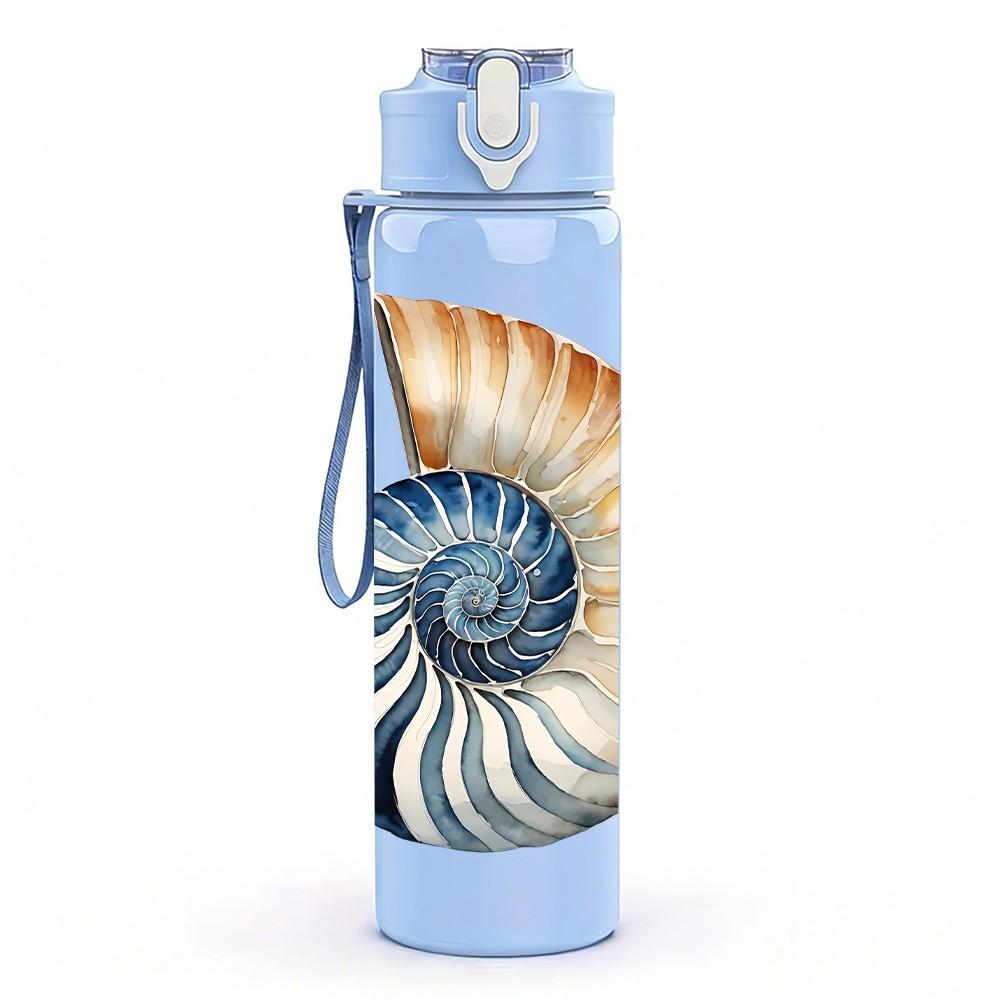 1PC Spiral Seashell Ocean Pattern 750ml Color Plastic Sports Water Bottle Leakproof Flip Straw Lid Suitable for Sports Office Home Use