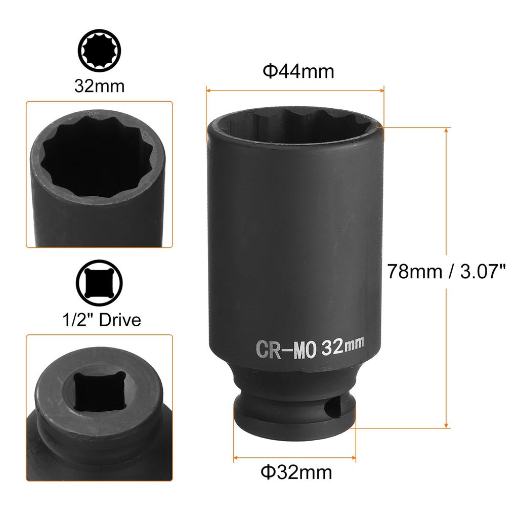 Uxcell 2pcs Deep Impact 32mm Metric Chrome Molybdenum Alloy Spindle Axle Nut Impact Socket 6-Point Socket, 1/2" Drive, Steel,