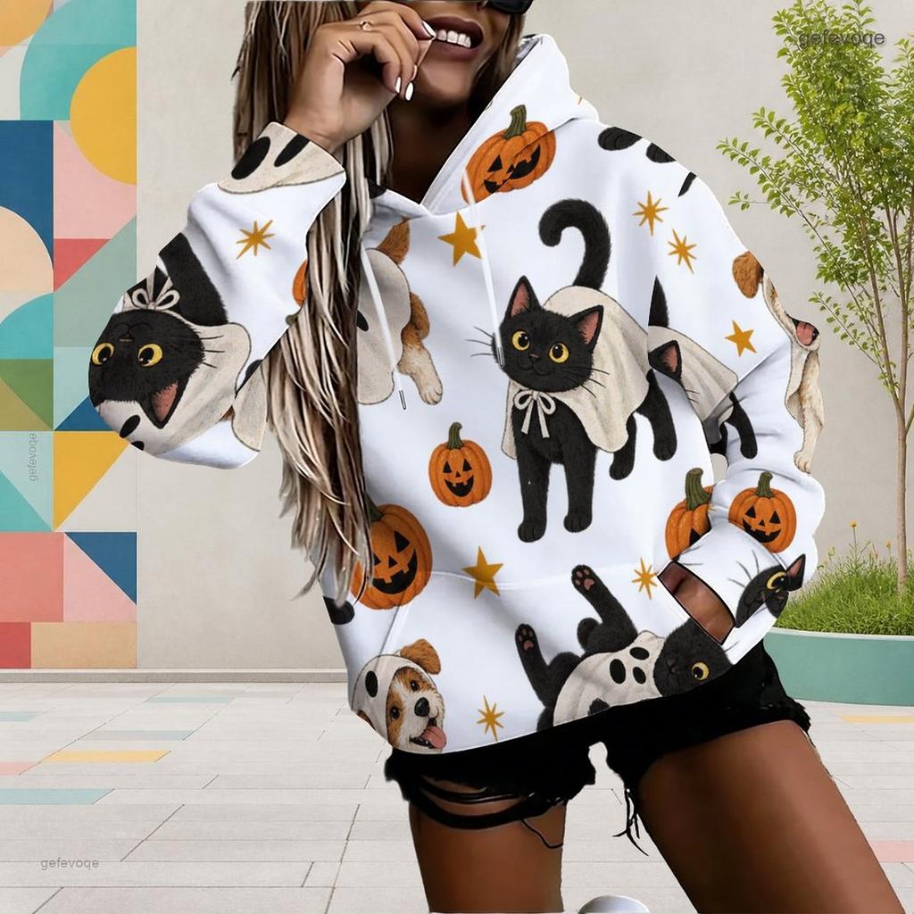 Women Plus Size Long Sleeve Drawstring Hoodie Cute Cartoon Bat Print White Kangaroo Pocket Pullover
