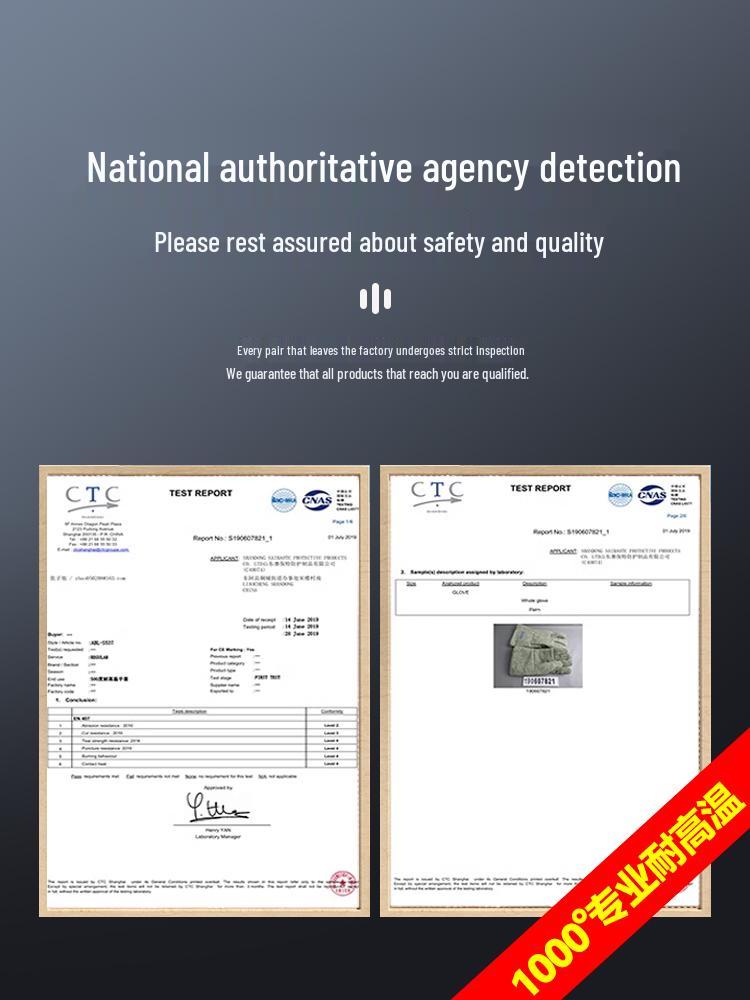 Industrihandskar som tål höga temperaturer: Skållningsskyddande, Brandsäker, Värmeisolering upp till 1000°F, Flexibel femfingerdesign.