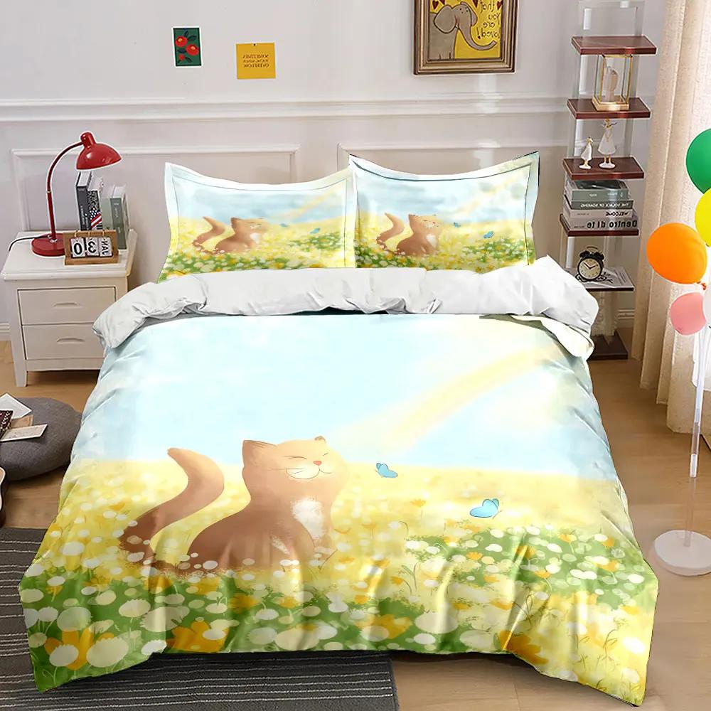 Cute Cat Spring Decor Set Soft Comfortable Duvet Cover Bedding Set Included 1*Duvet Cover & 2*Pillowcases Gift