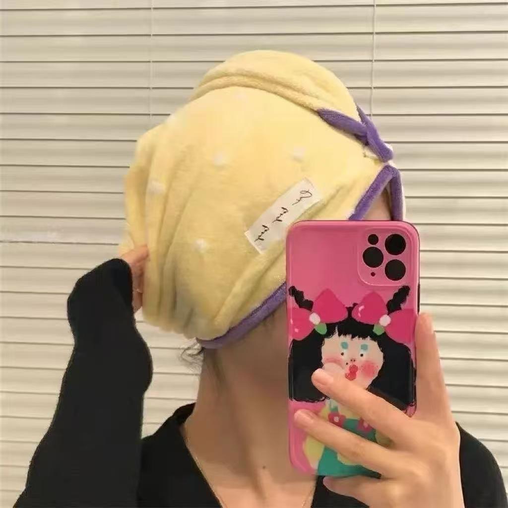 

Korean Style Polka Dot Quick-Dry Hair Cap | Embroidered Coral Fleece Bath Cap 25x65 cm