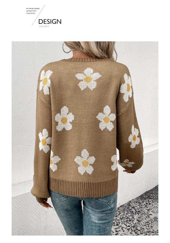 Autumn 2024 Women's Floral Knit Pullover Sweater - European & American Style, Long Sleeve, Round Neck, Casual Fit