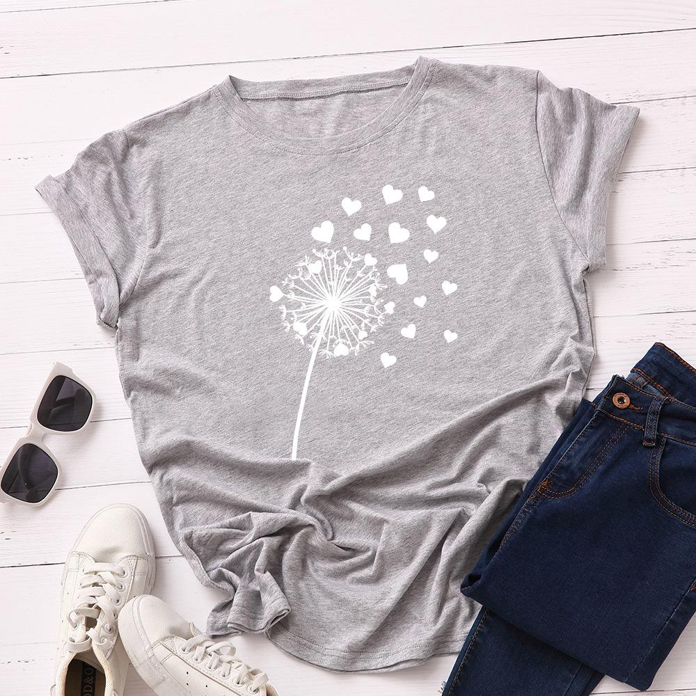 Cotton Loose Round Neck Creative Dandelion Heart-shaped Short Sleeved Women's T-shirts