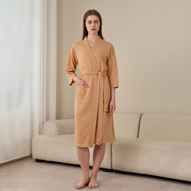 Spring-Summer Waffle Bathrobe: Unisex, Lightweight, 3/4 Sleeves, Korean Style, Absorbent