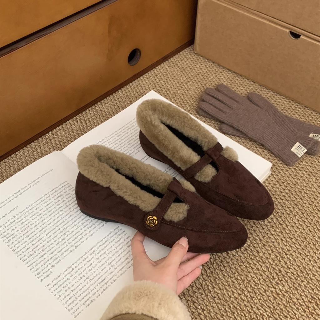 Fleece small leather shoes loafers retro fluffy shoes women wear winter Mary Jane warm cotton shoes