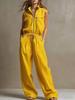 Women Sleeveless Stand Collar Front Zipper Pocket Drawstring Waist Wide Leg Set
