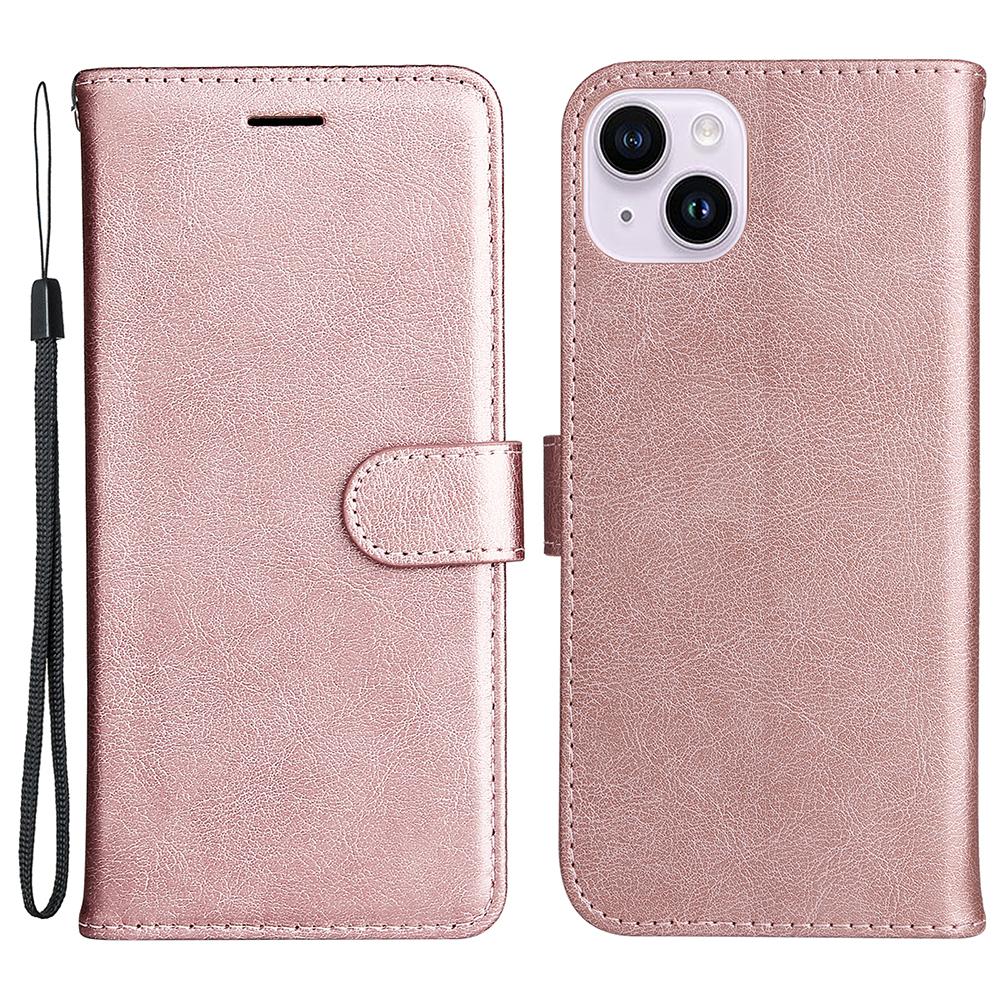 

For iPhone 15 Plus Case Solid Color Leather Mobile Cover Wallet Stand with Strap Rose Gold