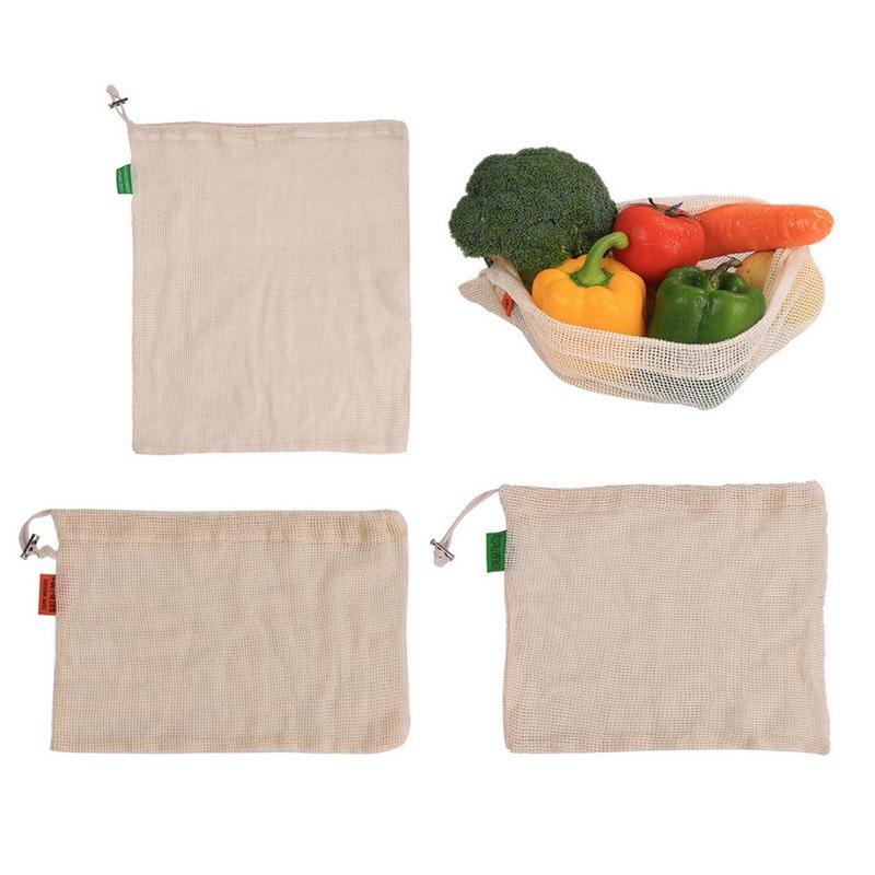 3PCS Reusable Produce Shopping and Storage Bags, Drawstring, Washable Organic Cotton Mesh