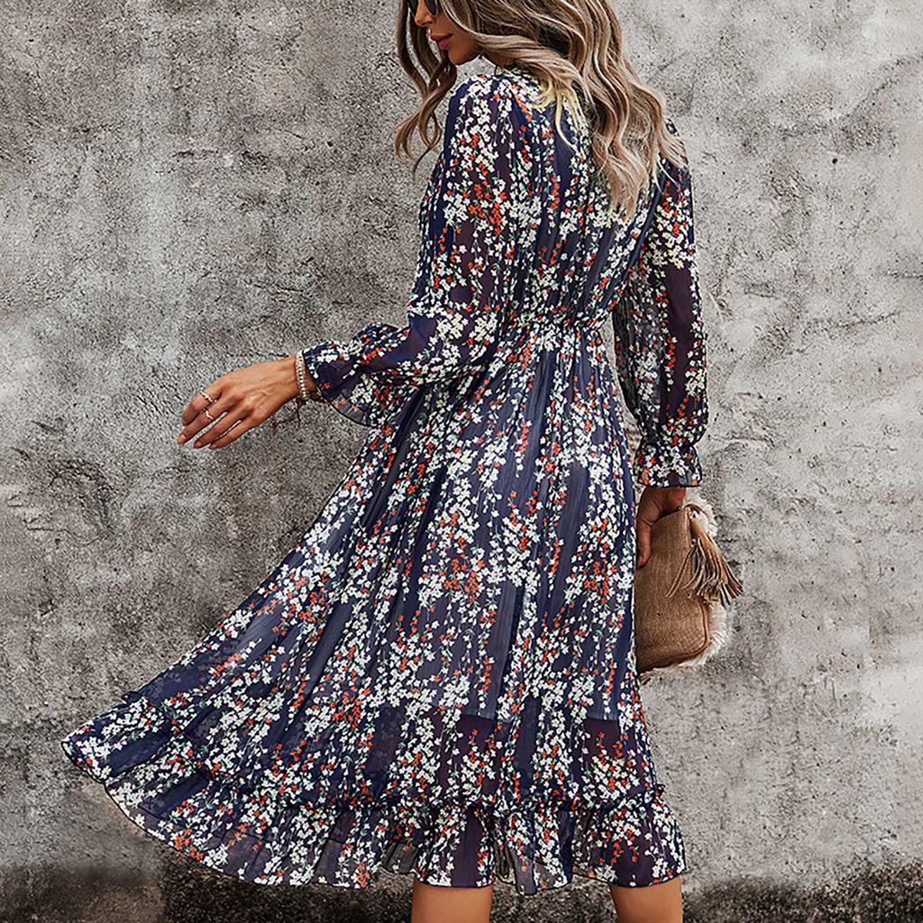 Women's Fashion Sexy Slim Casual V-Neck Chiffon Floral Dress