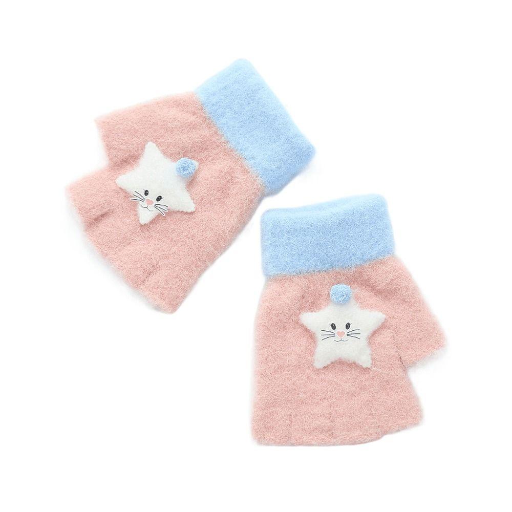 Cute Thicken Half Finger Knitted Cat Star Kids Outdoor Gloves Korean Mittens Children Winter Gloves