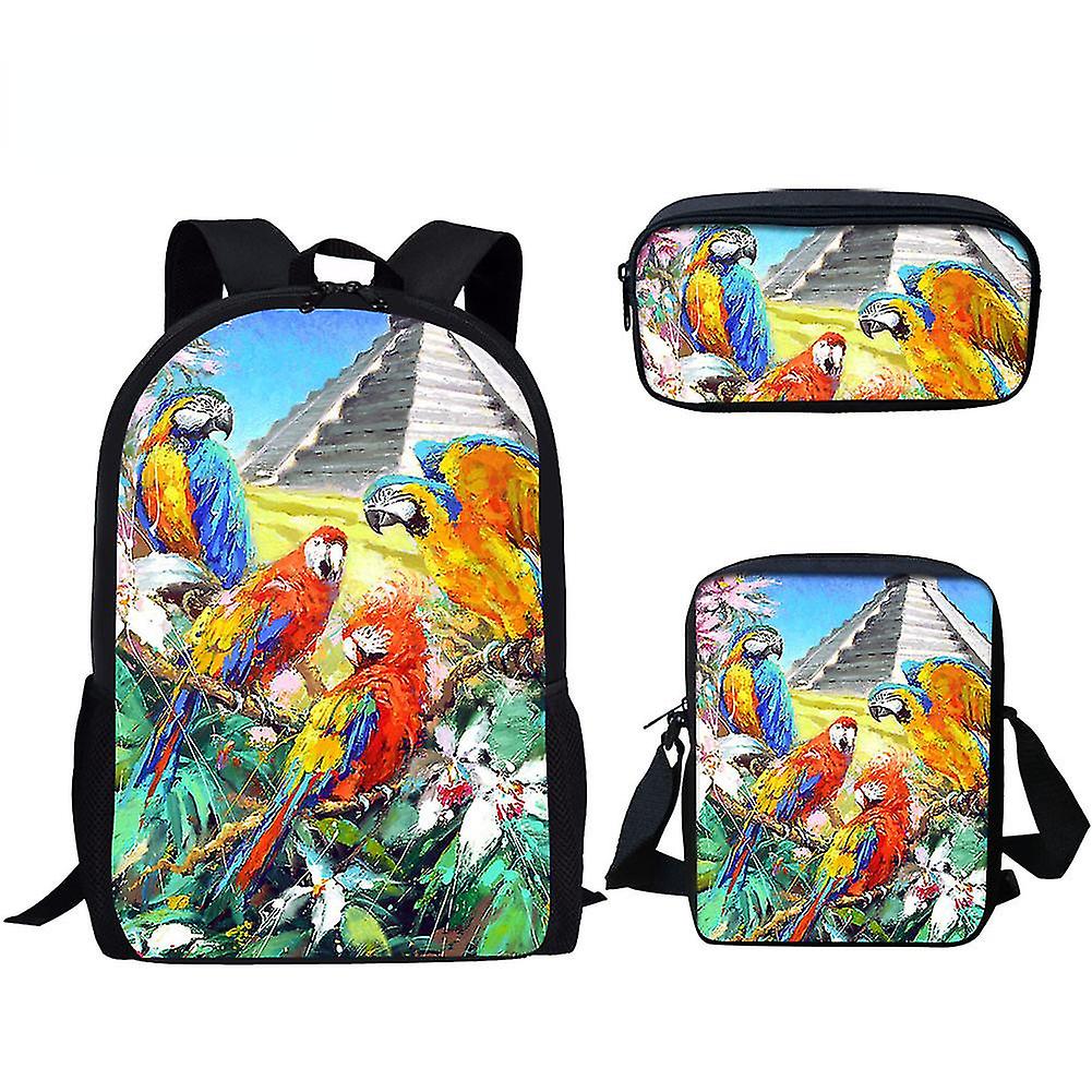 Classic Novelty Parrot Bird Pattern 3D Print 3pcs/Set School Bags Laptop Daypack Backpack Inclined Shoulder Bag Pencil Case