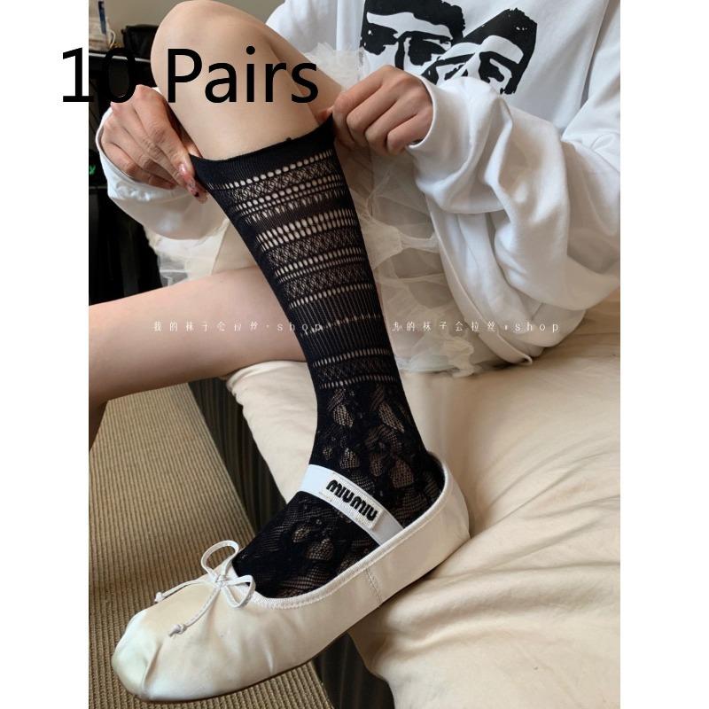 

10 Pairs of Ladies Spring and Autumn Lace Hollow Mesh Breathable Ear Edge In The Tube Pile Socks 10 Pairs
