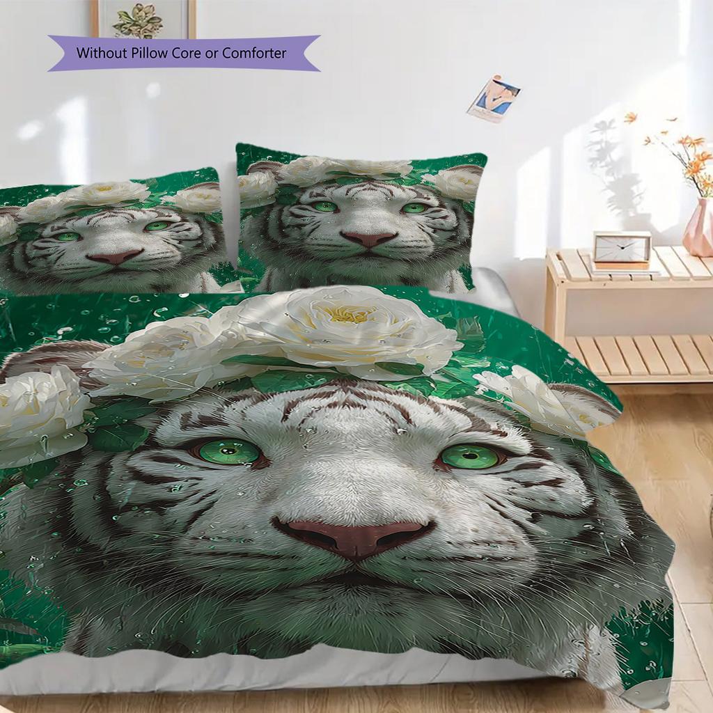 White Tiger Pattern Bedding Quilt Set Quilt Cover Pillowcase Home Decoration Birthday Gift (1 * Duvet Cover + 2 * Pillowcase, Without Core)