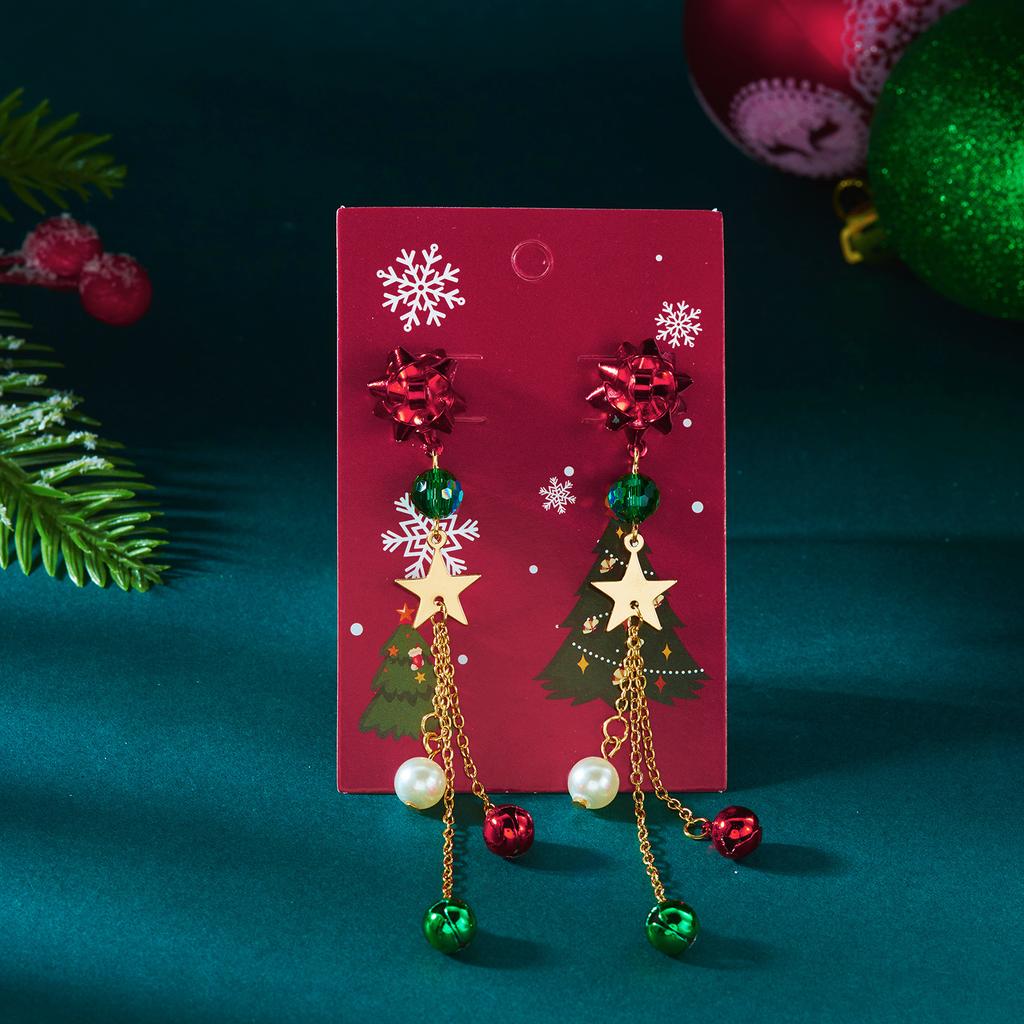 Trendy Christmas Tassel Drop Earrings for Women Red Green Bell Xmas Tree Imitation Pearl Long Earring Party Holiday Jewelry Gift