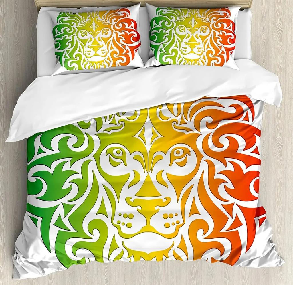 Rasta Bettbezug-Set, Löwe Eine Rastafari-Flagge Dschungel Reggae Bettwäsche-Set Kunst Bunt Kulturell Folkloristisch Druck Bettdeckenbezug-Set
