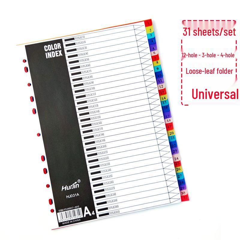 Colored A4 Loose-leaf Index Dividers with 11 Holes - Numbered and Lettered Tabs