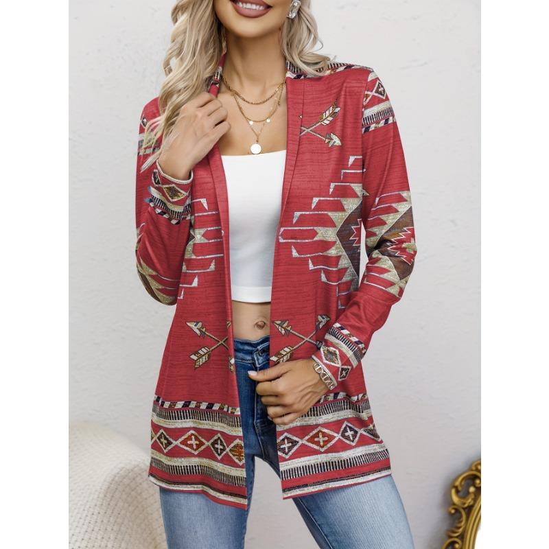 Western Ethnic Print Open Front Cardigan, Casual Long Sleeve Loose Cardigan, Women'S Clothing