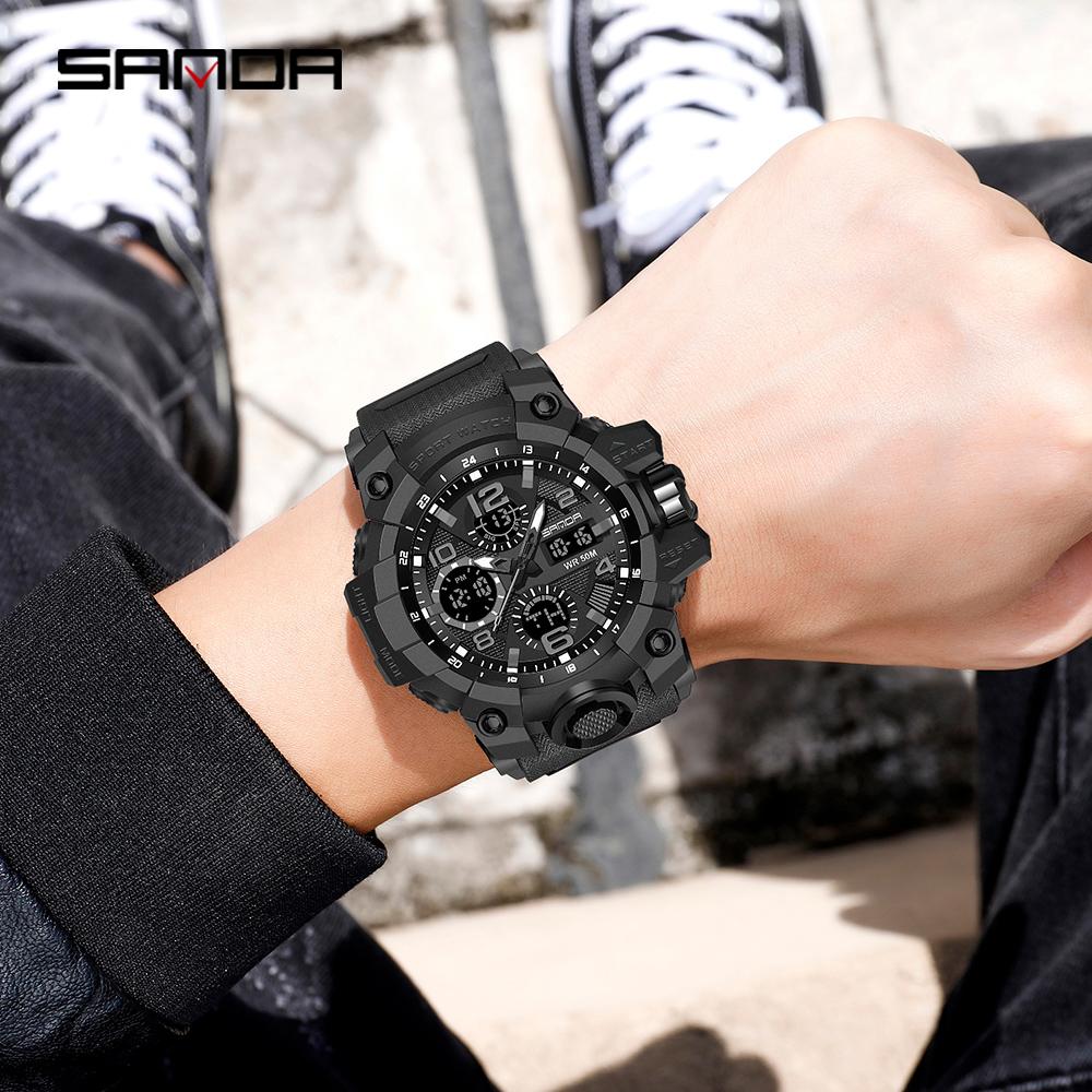 SANDA Sports Military Men's Watches Waterproof Dual Display Quartz Wristwatch For Male Clock Stopwatch Relogios Masculino