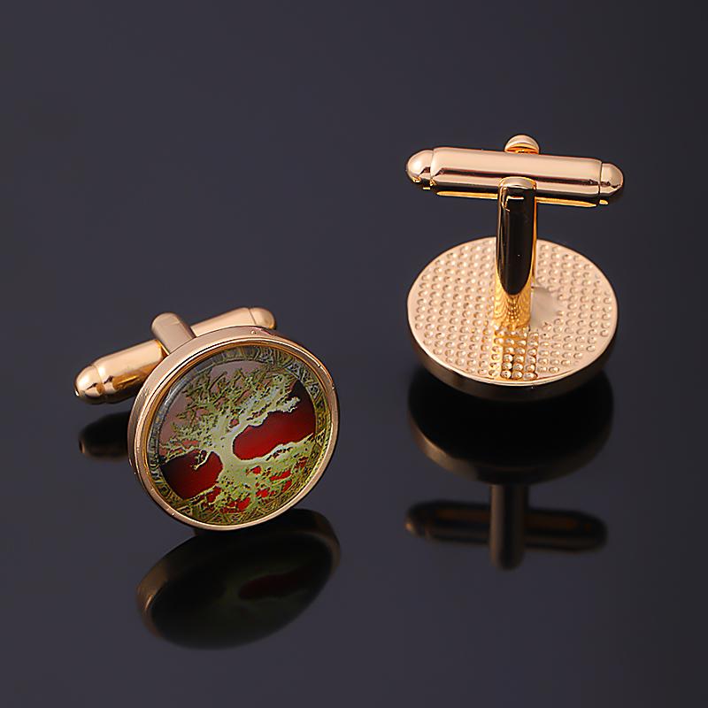 Classic Mens Glass Cabochon World Tree Cufflinks Golden And SIilver Tone Time Gem Round Sleeve Button