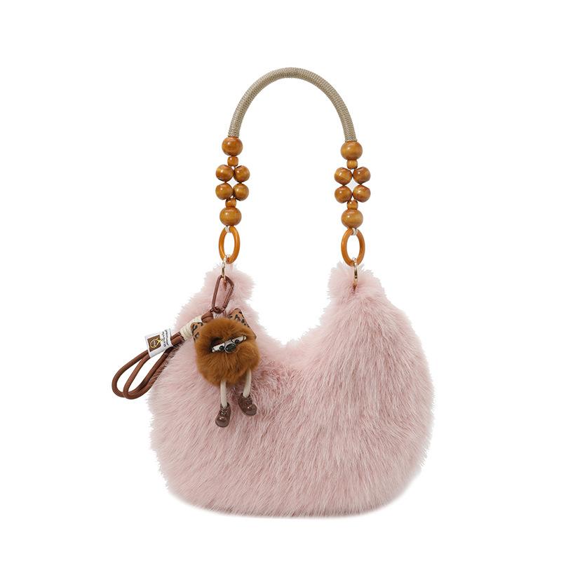 

Plush bag women s autumn and winter new fashion handbag large capacity shoulder underarm bag tote bag casual hair bag No pendant розовый