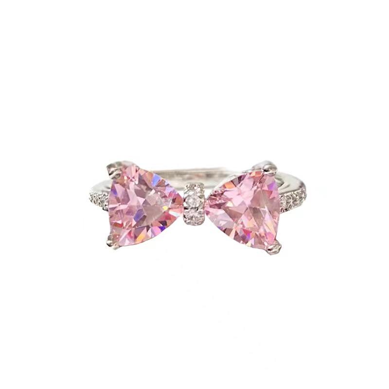 Pink Diamond Bow Ring - Exquisite French Luxury Princess Style, Romantic Open Design for Women and Girls, Perfect Sweet Gift for Girlfriend