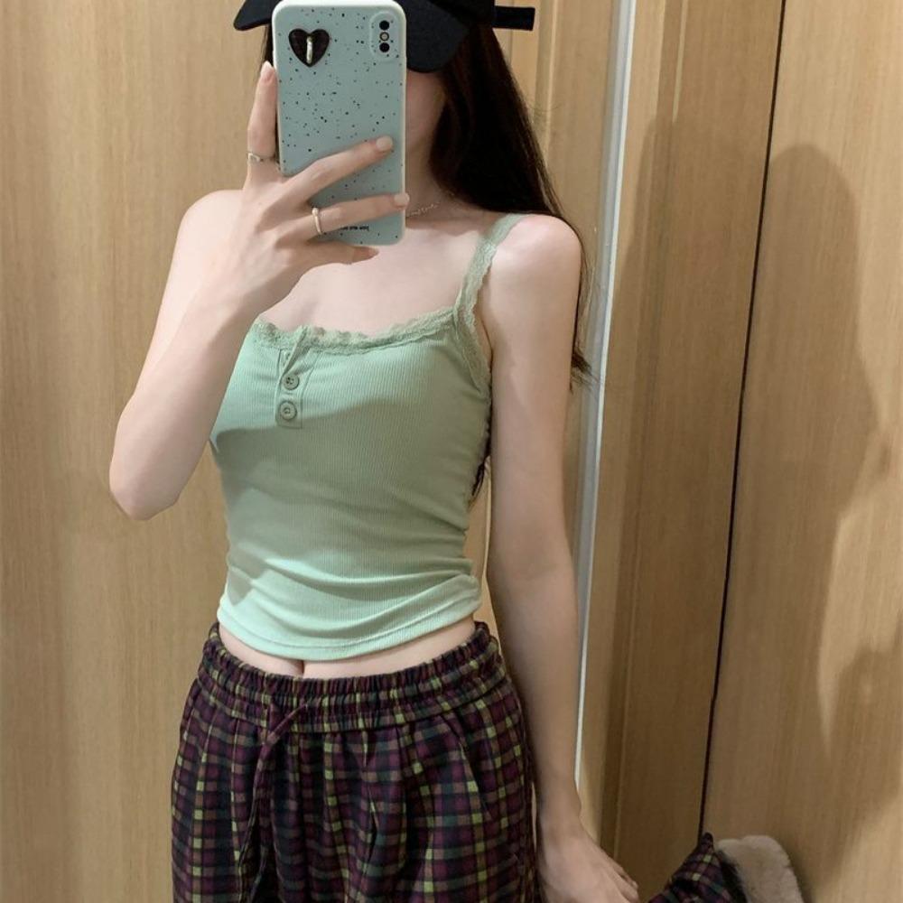 Camiseta sin mangas acanalada de encaje, Tops cortos con cuello Halter para mujer, camisola con botones, camisola con espalda al aire, chaleco recortado sin mangas de tubo de punto a la moda para mujer