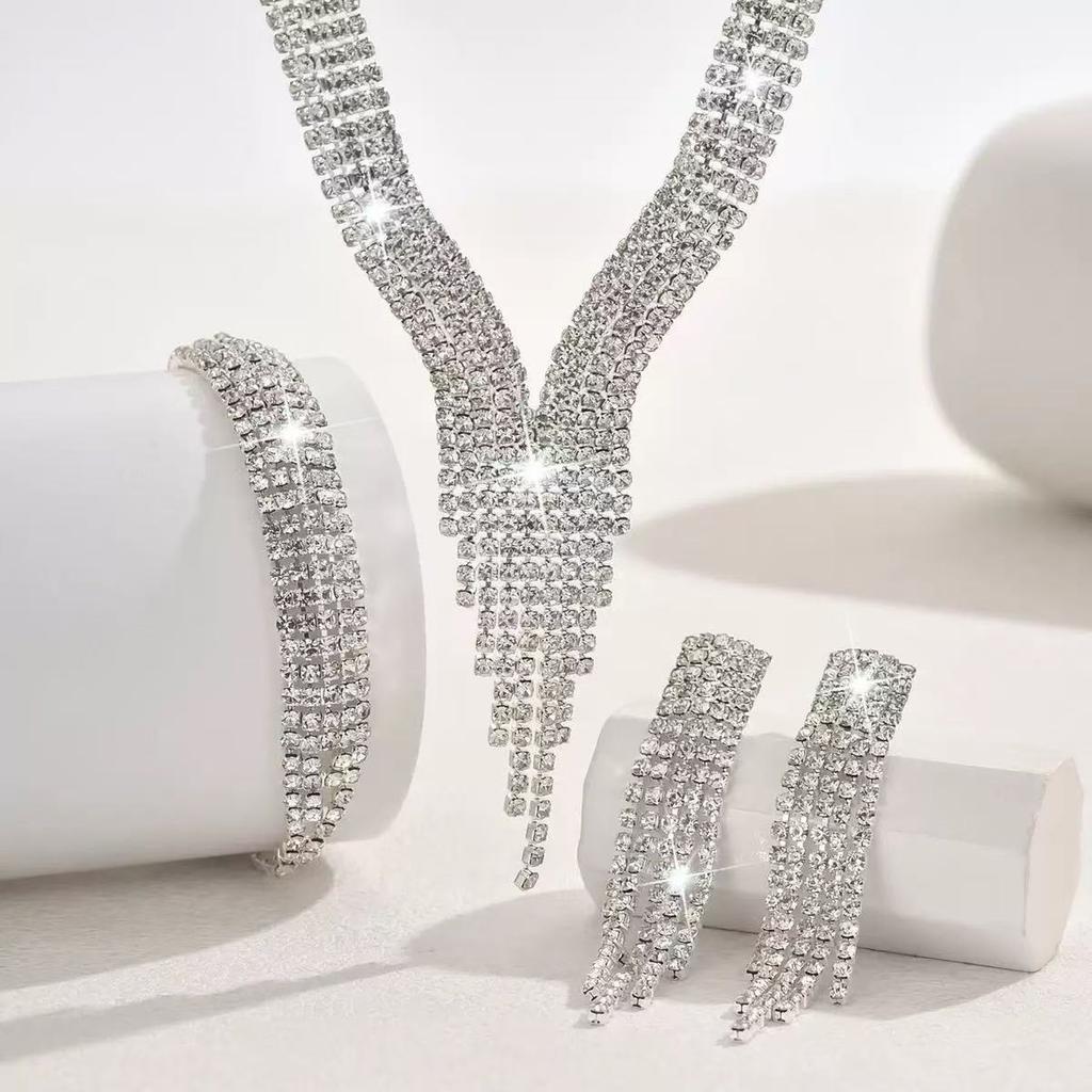 Fashion Rhinestone 3 - Piece Set Necklace Earrings Bracelet Cubic Zirconia Fringe Jewelry Set for Women