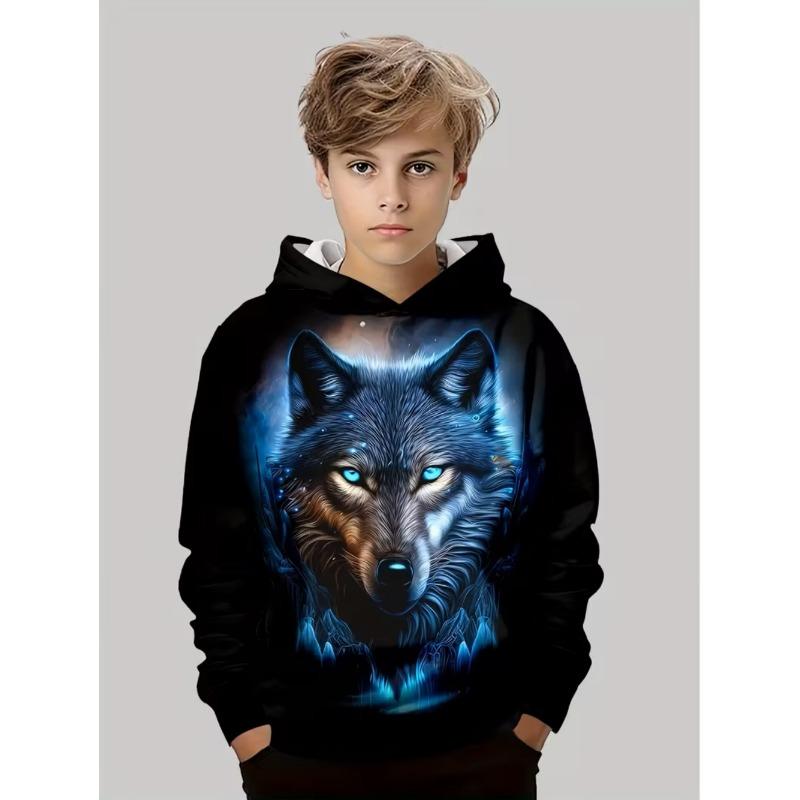 Hættetrøje til Børn Sort Hvid Ulveprint Langærmet Sweatshirt Afslappet Løs Børnetop Udendørs Streetwear Dreng Barn Sweatshirt