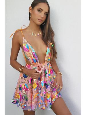 2023 Sexy Backless Deep V Sequin Floral Lace-Up Women's Dress