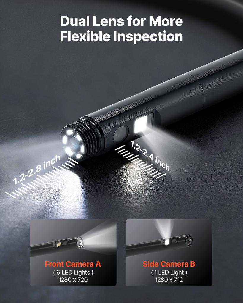 VEVOR Dual Lens Endoscope with Light, 5" HD IPS Screen Industrial Borescope Camera, 5.5mm Slim Lens, 8X Zoom