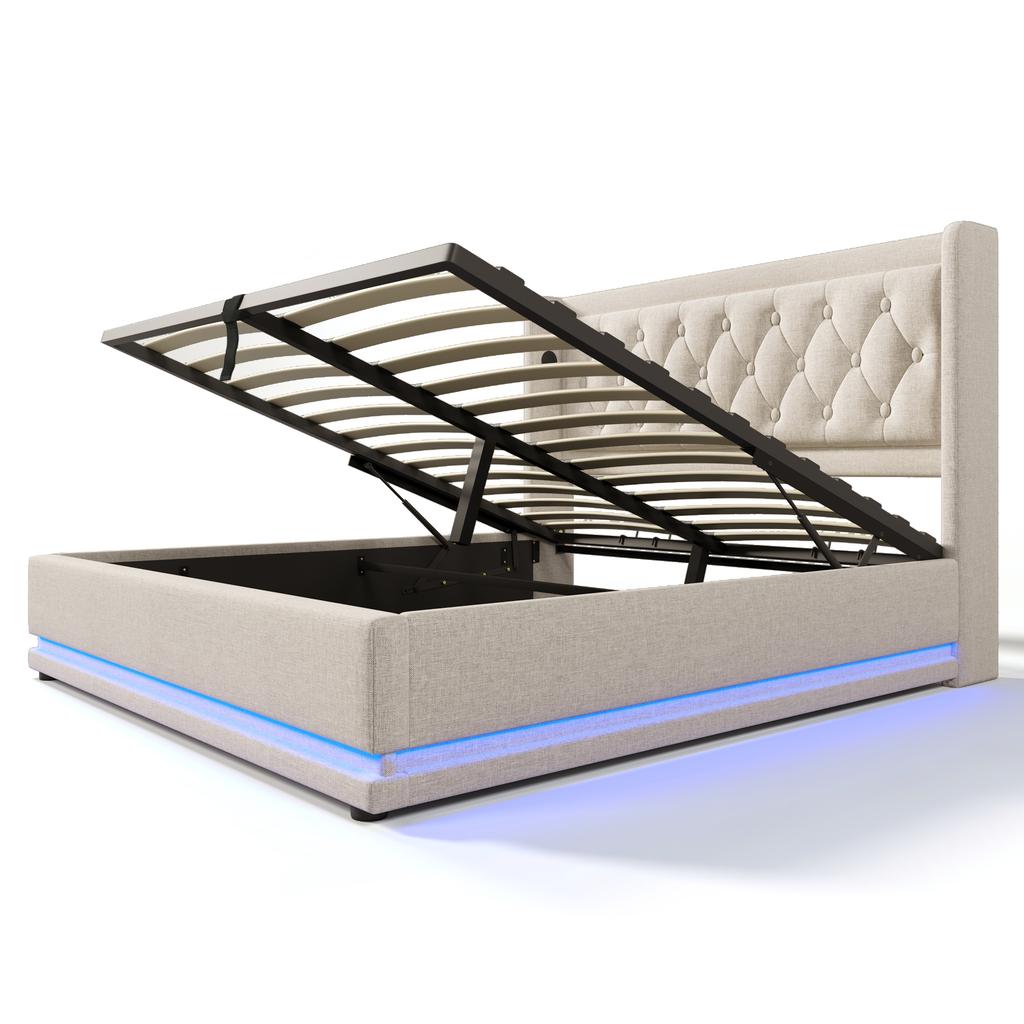Upholstered double bed 160*200 cm, beige cotton hydraulic storage bed, headboard with USB Type-C charging, 3-sided LED (mattress not included)