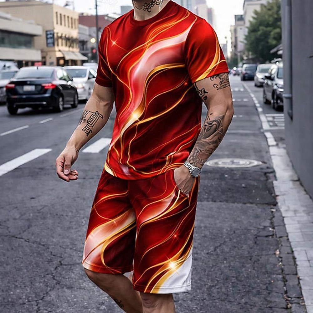 Men's Geometic 2pcs Tees sets Summer Tops Short Sleeve Short Pants Casual Daily Vacation 3D Print Summer Blue Red Purple