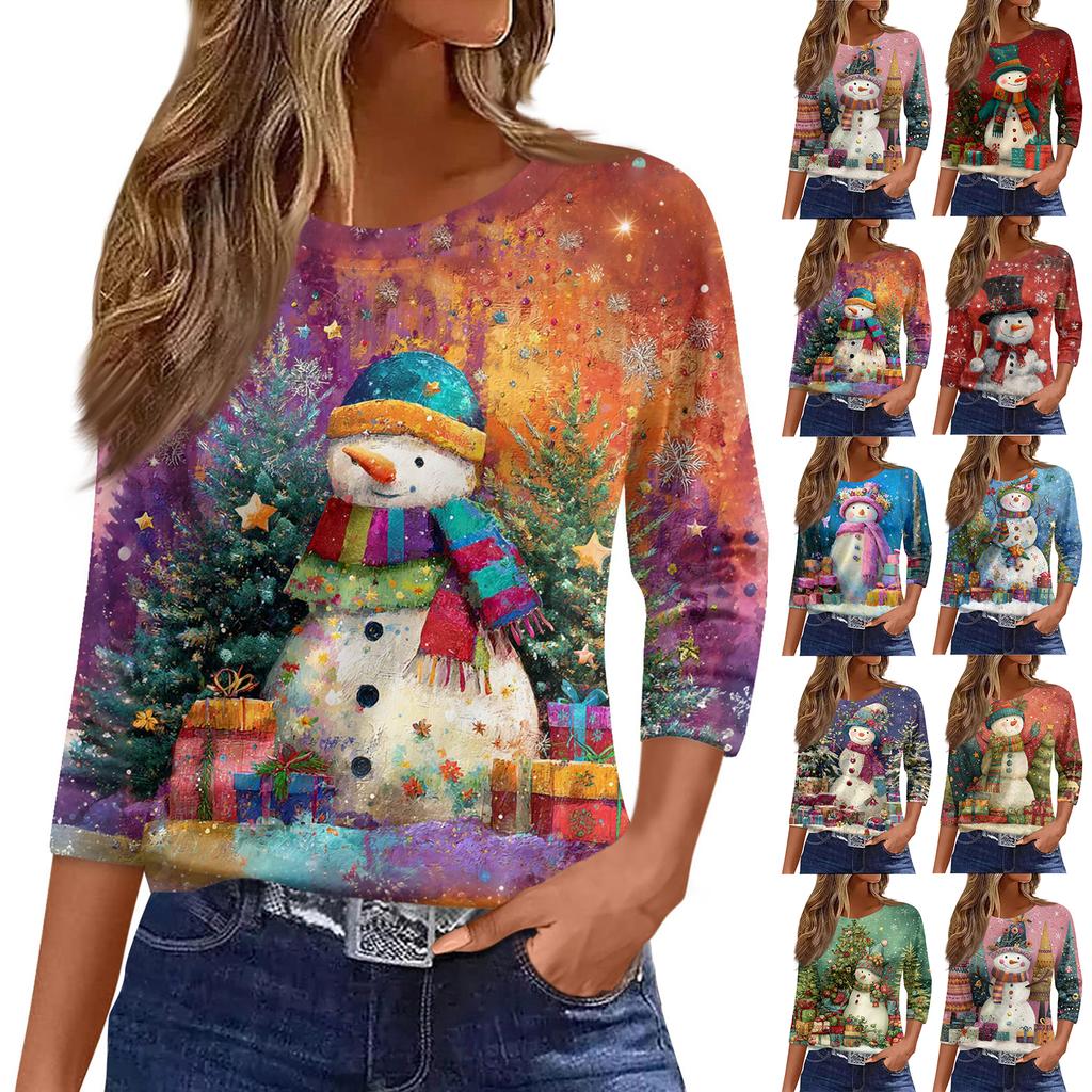 3/4 Sleeve Shirts For Women Print Graphic Tees Blouses Casual Plus Size Basic Tops Pullover