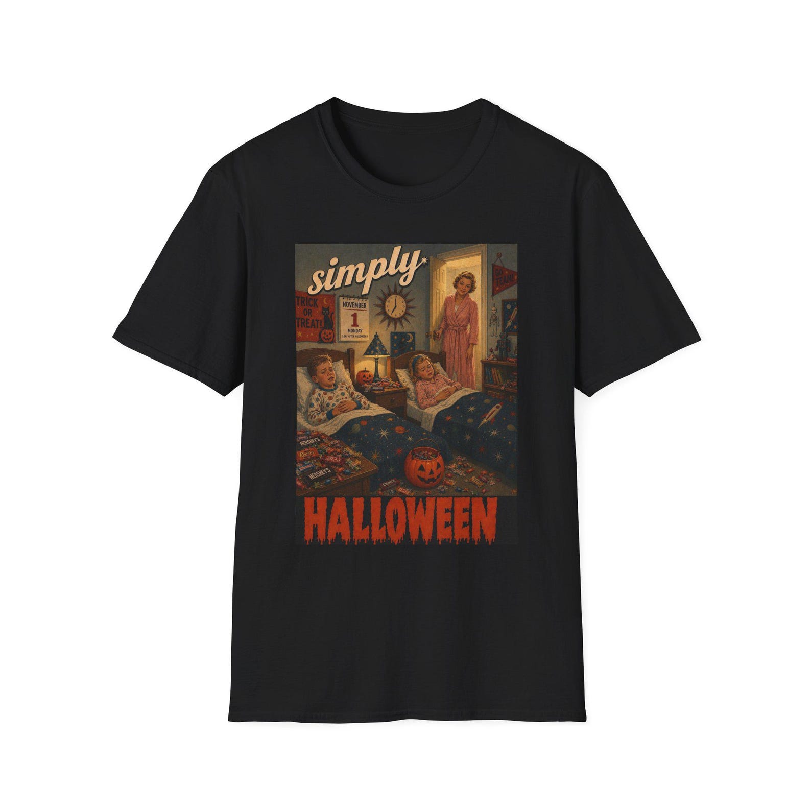 Simply Halloween day after tummy ache Illustration T-Shirt | Retro Spooky Art 4XL