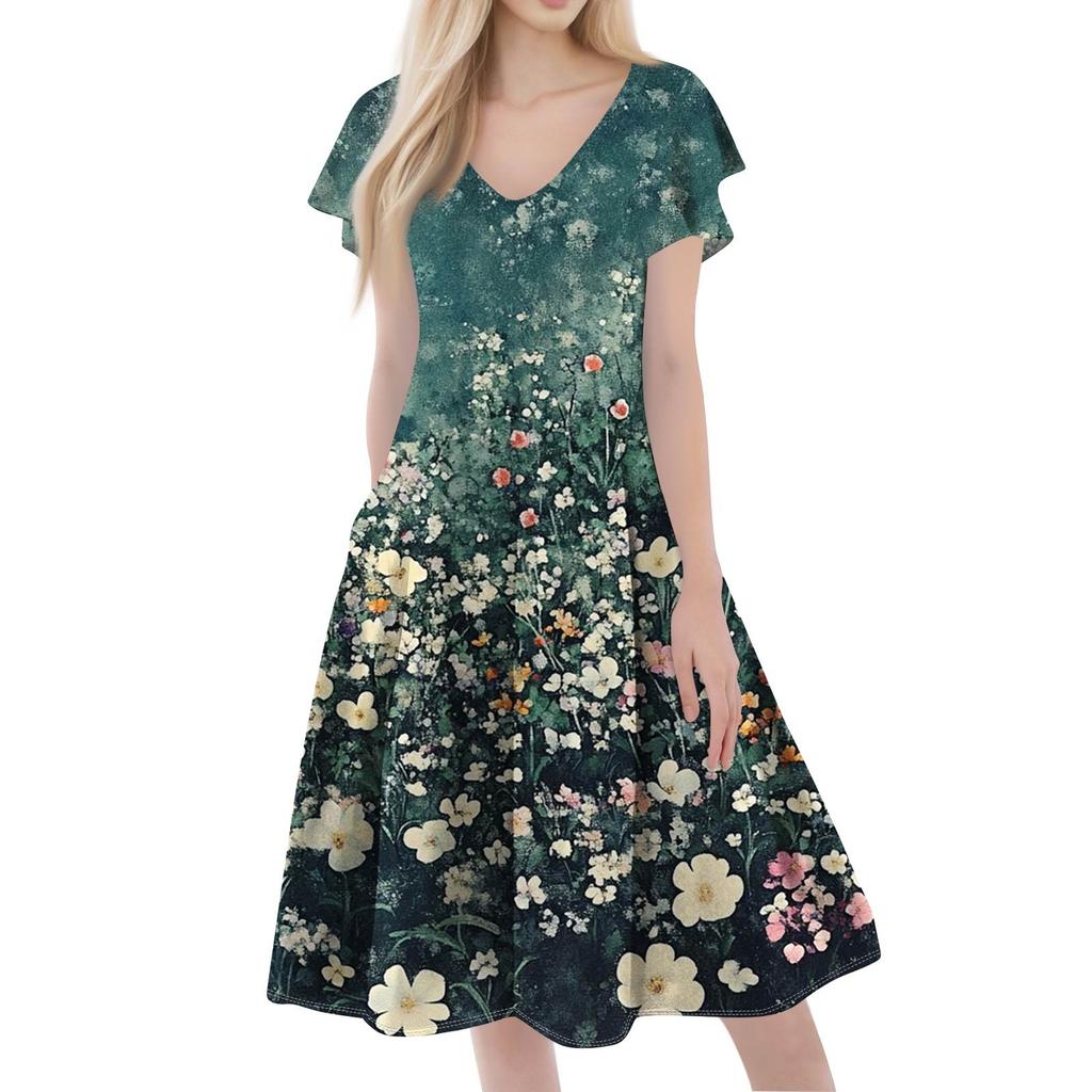 Women's Loose Casual And Fashionable V-Neck Short Sleeved Print Mid Length Dress