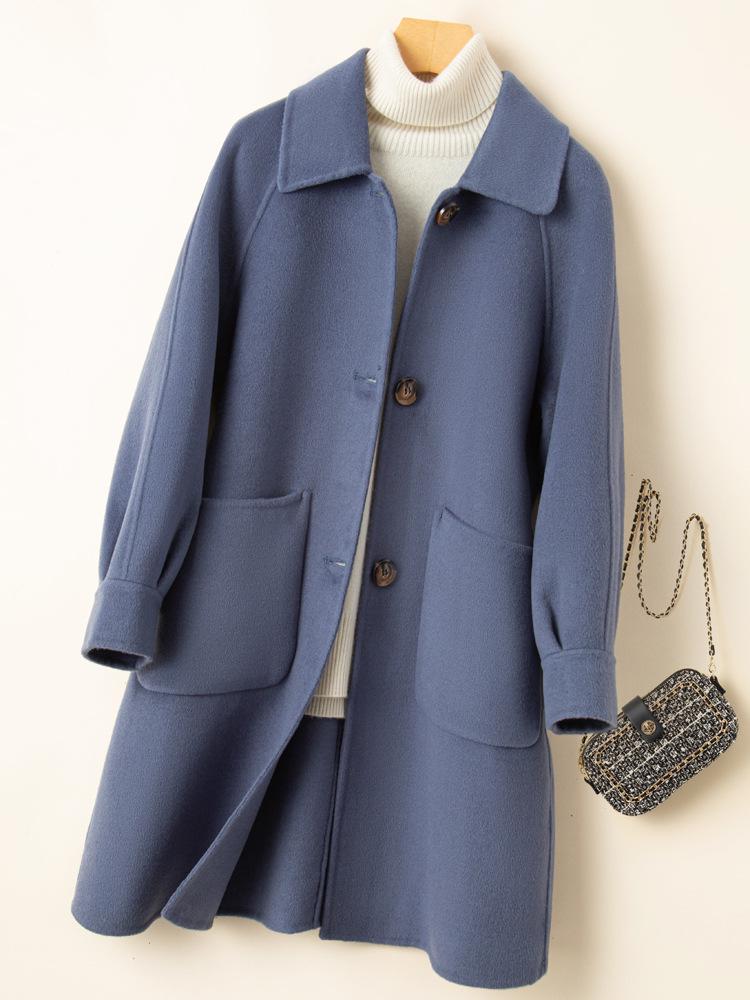 Dámský kašmírový kabát střední délky oboustranný na podzim/zimu - Petite, Čistě ručně šitý, Celovlněný, Zesílený design