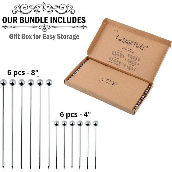 Cocktail Martini Picks and Stirrers Toothpicks – (12 Pack / 4 & 8 Inch) Reble Cocktail Picks - Stainless Steel Metal Drink Skewers Sticks for