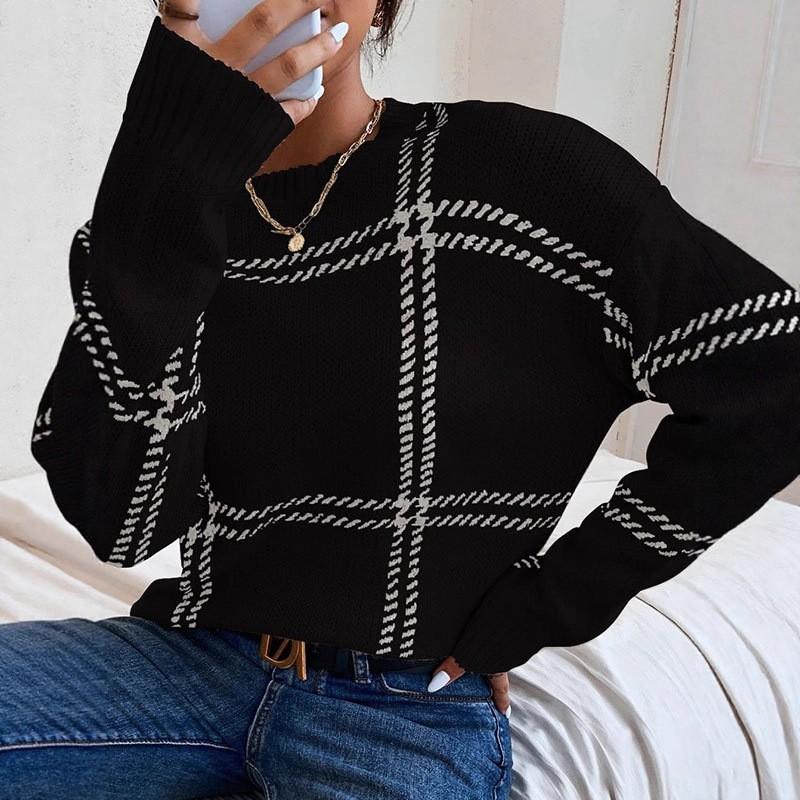 Womens Winter Loose Fit Crew Neck Knit Sweater With Plaid Acrylic Blend Casual Office Wear