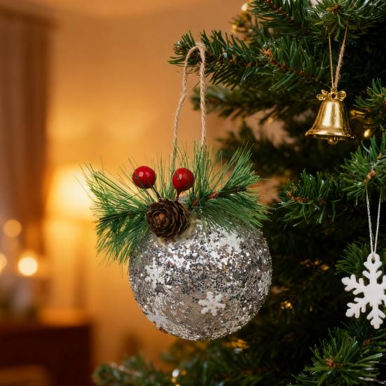 Glitter Christmas Ball Ornament Sequins Foam Ball Ornaments with Berry Pinecones Christmas Tree Hanging Decorations for Holiday Home Party Decor