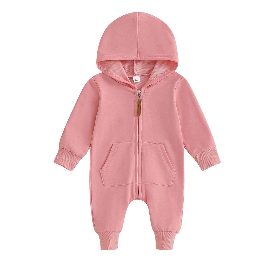 Baby Jumpsuit, Long Sleeve Hooded Zip-up Solid Fall Romper Clothes for Boys Girls