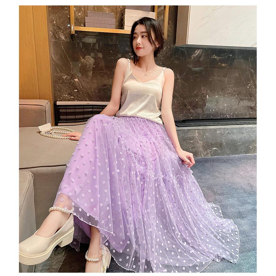 Qooth Women A-line Skirt Wide Hem Polka Dot Chiffon Mid Length Elastic Waist Casual Skirt QT2632