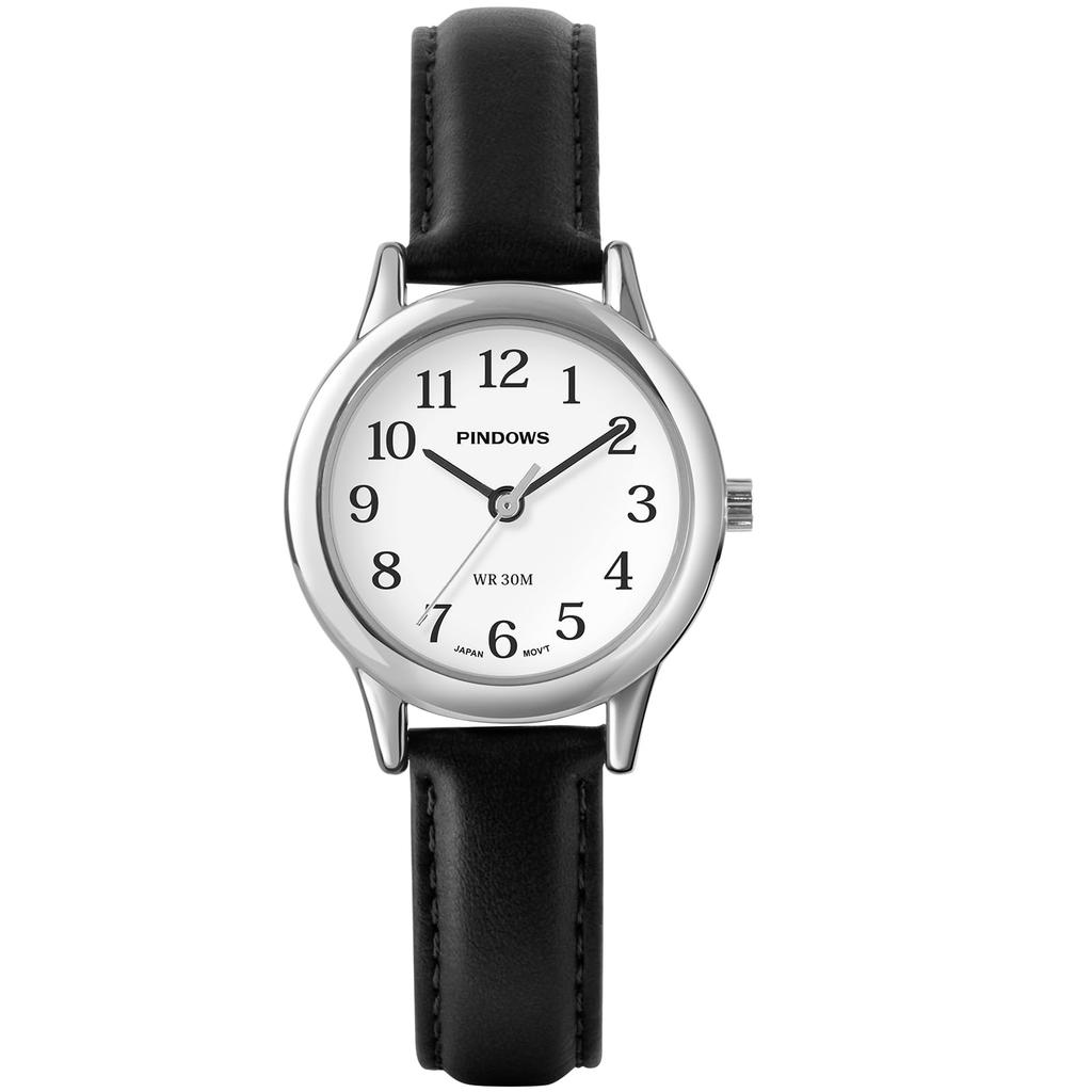 PINDOWS Women's Slim Minimalist Quartz Analog Watch with Black Leather Strap and Gold-Tone Case - A Stylish and Elegant Everyday Watch