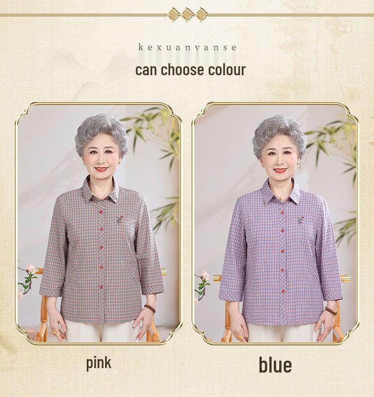 Mid-Length Pure Cotton Shirt for Elderly Women - Three-Quarter Sleeve Top for Spring/Summer